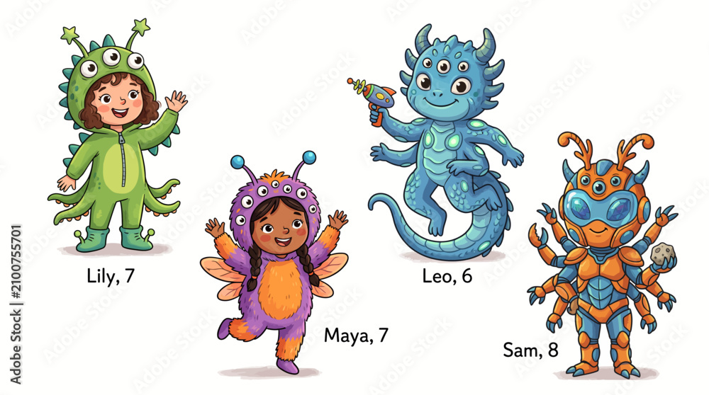 Fototapeta premium Diverse children in creative alien and space costumes