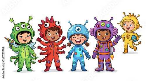 Kids wearing colorful alien and monster outfits