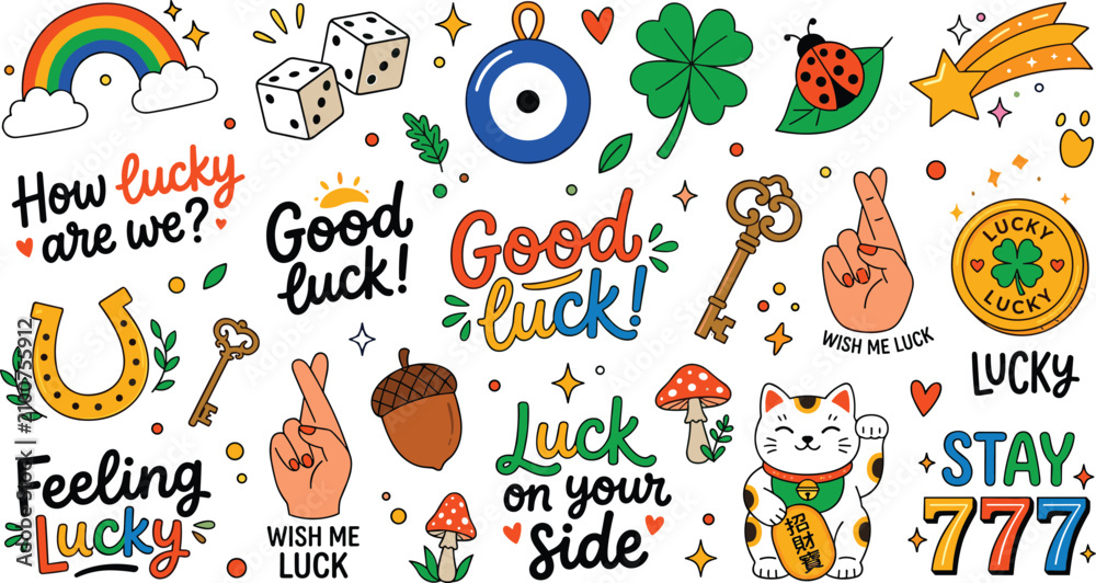 Naklejka premium Retro lucky charm sticker set with typography quote slogans horseshoe rainbow clover and cat flat cartoon vector illustration