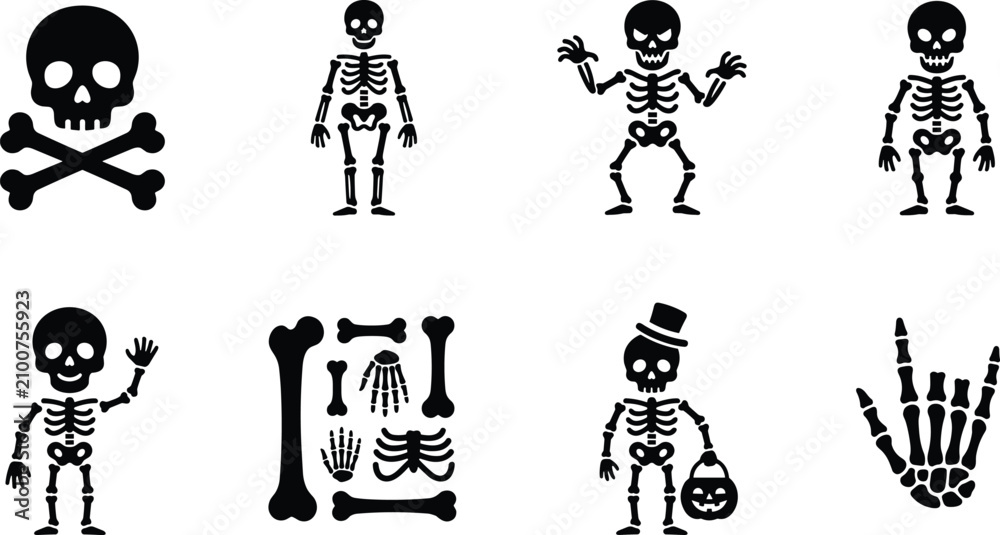 Naklejka premium Halloween Skeleton and Skull Silhouette Icon Set Featuring Bones Spooky Characters and Seasonal Horror Symbols