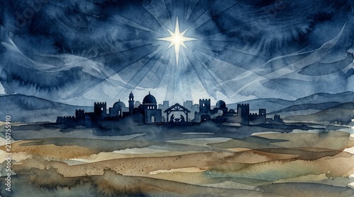 Bright star shining in the night sky over Bethlehem silhouette. Christmas nativity scene with holy family in stable. Watercolor illustration of the star of Bethlehem