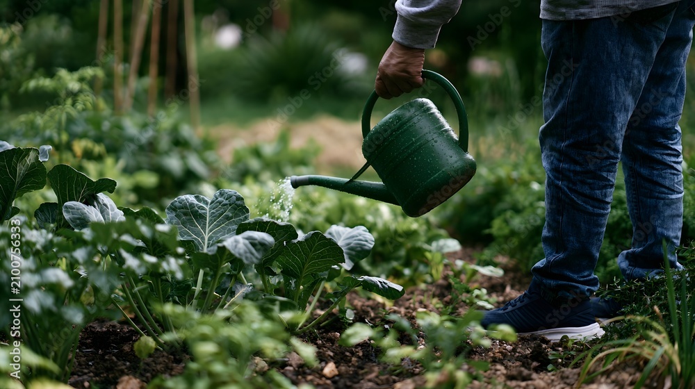 Fototapeta premium A person using a green watering can to water leafy vegetables in an outdoor garden bed surrounded by soil and plants