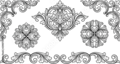 Foto Set of ornate floral damask scrolls and decorative flourishes transparent backgr