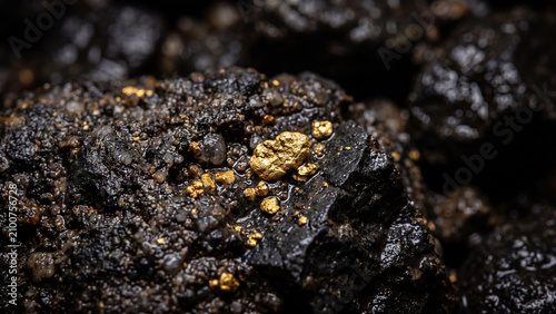 Extreme macro close-up of raw gold nugget texture, shiny yellow precious metal surface detail and wealth concept background.