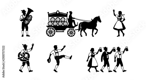 Konstfotografi Bavarian Oktoberfest Vector Icons: Musicians, Dancers, Beer Wagon, Celebration S