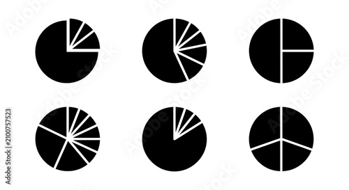 Fotografi Six Black Pie Chart Icons, Data Visualization Elements, Simple Circle Graphs for
