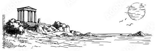 Ancient ruins on sea coast under sun and birds in vintage hand drawn sketch style