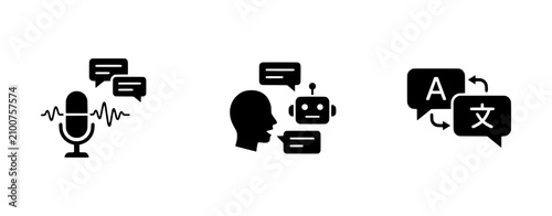 Quadro su tela Speech Recognition, AI Chatbot, and Language Translation Icons: Technology Conce