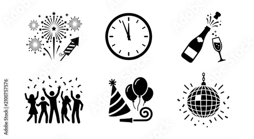 Photography New Year's Eve Celebration Icons: Fireworks, Clock, Champagne, Party People, Dis