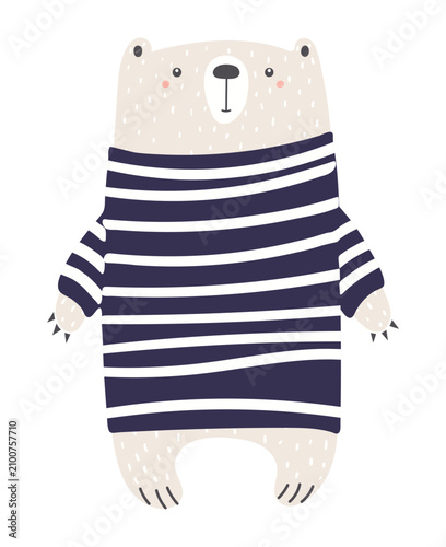 Cute white bear in striped sweater illustration isolated. Friendly playful an...
