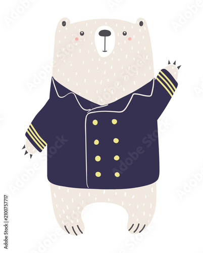 Cute white bear nautical captain waving illustration isolated. Friendly playf...