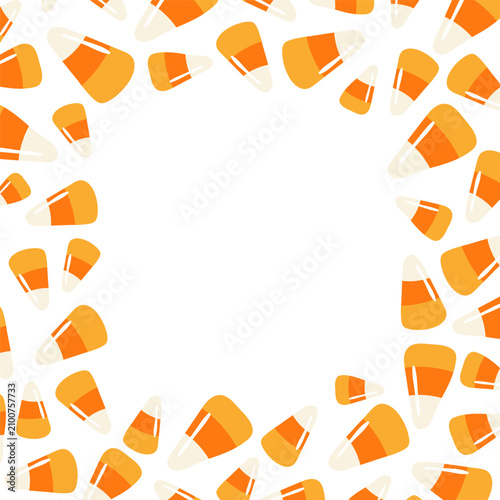 Candy corn Halloween frame, border with copy space, texture on transparent background. Trick or treat traditional triangular candy, sweet food. Festive design element, print. Vector illustration