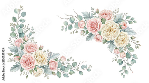 Elegant watercolor floral arrangement with soft roses and greenery design transparent background