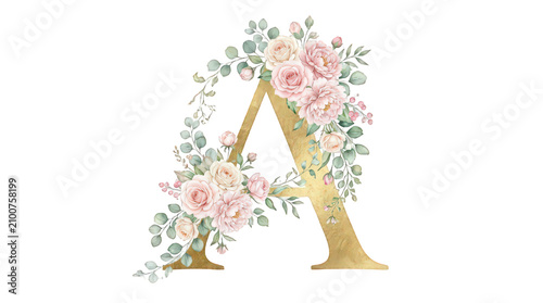 Elegant floral monogram letter with roses and greenery design transparent background