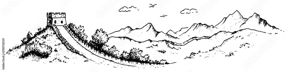 Obraz premium Chinese Great Wall watchtower on hill with mountain background and birds in hand drawn ink style