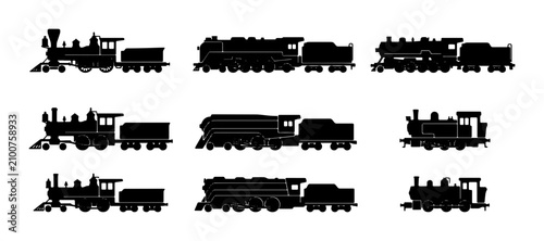 Schilderij op canvas Vintage Steam Train Silhouettes, Classic Locomotive Collection