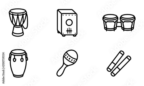Fotografie Percussion Instruments Vector Icons, Drum Set, Congas, Bongos, Maracas, Claves