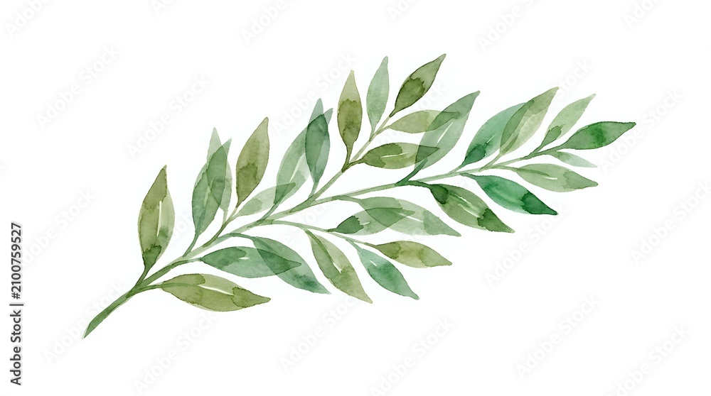 Fototapeta premium Watercolor olive branch with green leaves isolated on white background, ready for design projects, invitations, and botanical illustrations.