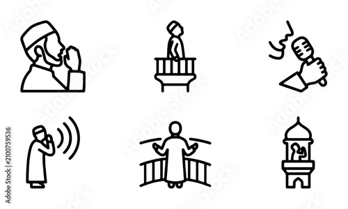 Billede på lærred Islamic Prayer Icons, Mosque Minaret, Religious Call to Prayer Vector Set