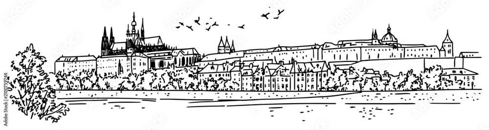 Fototapeta premium Prague castle panorama with Vltava river and old town architecture hand drawn ink sketch style