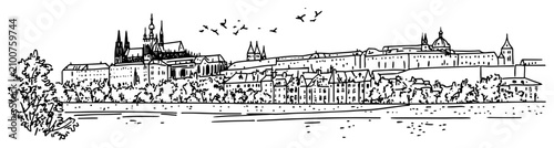 Quadro su tela Prague castle panorama with Vltava river and old town architecture hand drawn in