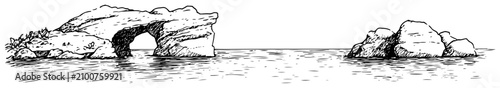 Photos Sea arch rock formation in the ocean in vintage hand drawn engraving style