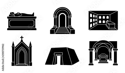Tableau sur toile Cemetery Icons Set, Funeral Architecture, Burial Structures, Mausoleum Collectio