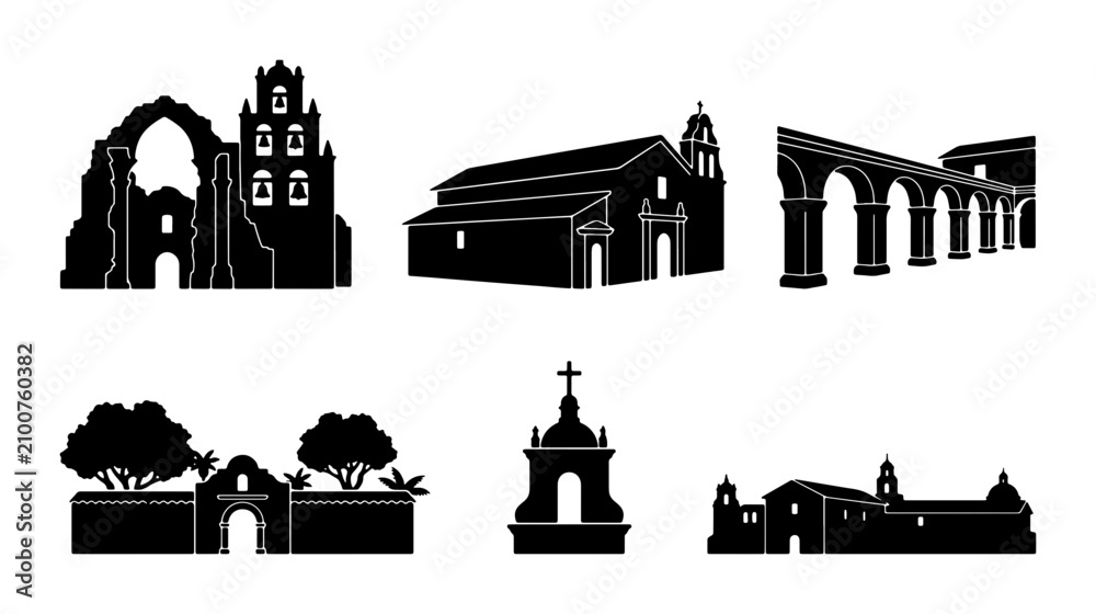 Obraz premium Historic Architecture Silhouettes: Churches, Ruins, Arches, Buildings