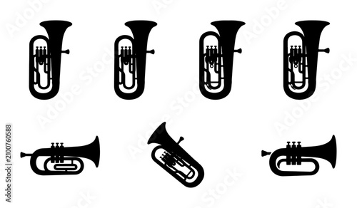 Photography Brass Instruments Collection, Tuba and Trumpet Silhouettes, Music Icons