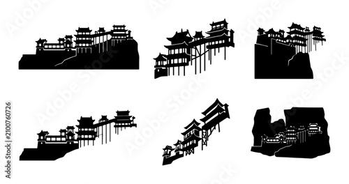Obraz na płótnie Ancient Chinese Architecture Silhouettes, Traditional Buildings, Historic Citysc