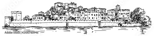 Tableau sur toile Medieval coastal town with defensive walls and old architecture in ink sketch st