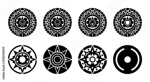 фотографія Geometric Mandala Icons, Tribal Sun Symbols, Circular Ornaments, Black Vector Se
