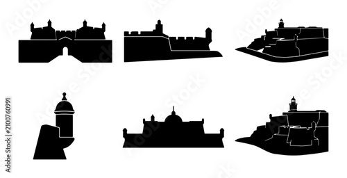 Tableau sur toile Fortress Silhouettes, Castle Icons, Historic Architecture Vector Set