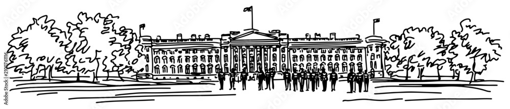 Obraz premium Buckingham Palace in London with royal guards and park trees hand drawn ink sketch style