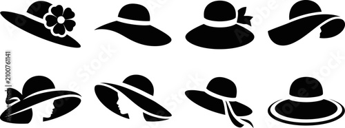 Canvastavla Women Sun Hats Icon Set Collection Vector Silhouette Flat Design