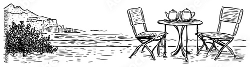 Canvas Print Cafe table with chairs and teapot overlooking sea coast in hand drawn sketch sty