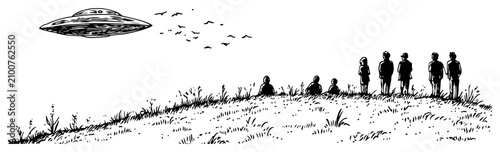 Photos Flying saucer UFO hovering over people standing on a hill in ink sketch style