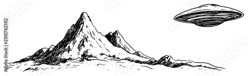 Bild auf Leinwand UFO flying saucer hovering near a majestic mountain peak in vintage sketch style