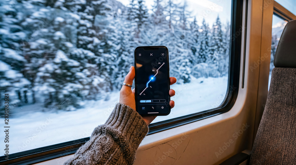 Obraz premium Person holding smartphone taking photo of snowy forest from moving train window