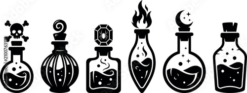 Six vintage apothecary bottles with unique stoppers isolated on transparent background mystical and magical design elements