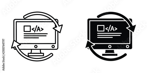 Foto Computer screen with looping arrows indicating data refresh or code compilation