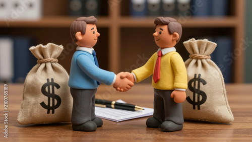 Two Businessmen Clay Figurines Shaking Hands Over Dollar Money Bag – Contract and Burlap with Dollar Sign for Business Partnership Concepts, Deal Transactions, and Investment Themes