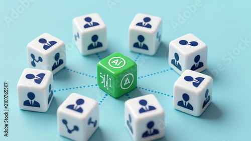 Network of Team Members Connected to AI – White Dice with Human Icons and Central Green AI Cube for Enhancing Team Efficiency through AI Communication and Automation