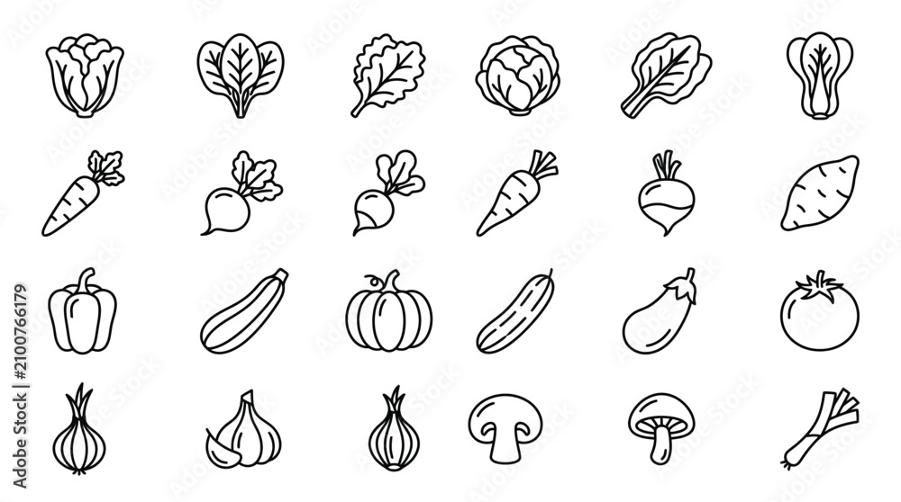 Fototapeta premium Vegetable outline icons collection for grocery market branding and healthy eating promotion.