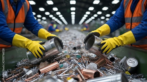 Workers sorting metal cans at a recycling facility