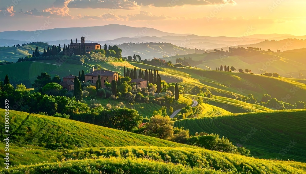 Fototapeta premium Breathtaking sunset over the rolling green hills and traditional villas of the Tuscan countryside in Italy