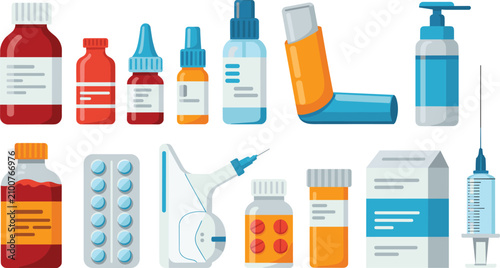 Medical treatment vector icon set featuring pharmaceutical bottles asthma inhaler pills blister pack syringe and healthcare pharmacy elements