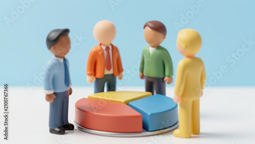 Miniature Business Figurines Analyzing Pie Chart Data – Stylized Office Workers Around Colorful 3D Visualization for Budget Analysis and Team Performance Review Concepts