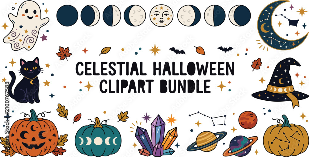 Fototapeta premium Celestial halloween clipart bundle featuring moon phases and magic witchy illustrations halloween celestial constellation astrology mystical decorative illustration astronomy collection