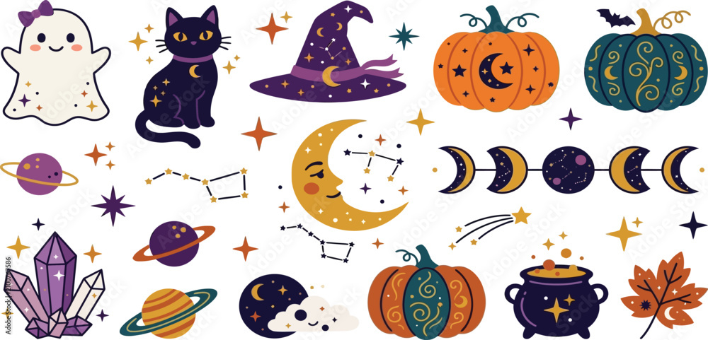 Fototapeta premium Celestial halloween clipart elements collection with moon stars and witchy decorations halloween celestial astrology mystical astronomy constellations cauldron decorative nighttime